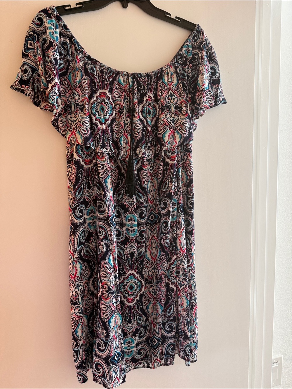 Off-Shoulder Paisley Mini Dress in Black and Teal